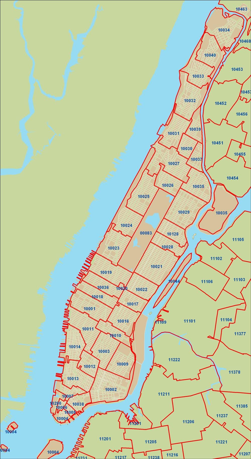 NYC รหัสไปรษณีย์บนแผนที่แมนฮัตตัน