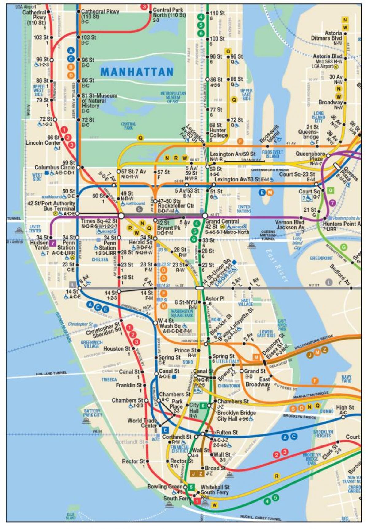 แผนที่ด้านล่างของแมนฮัตตันรถไฟใต้ดิน