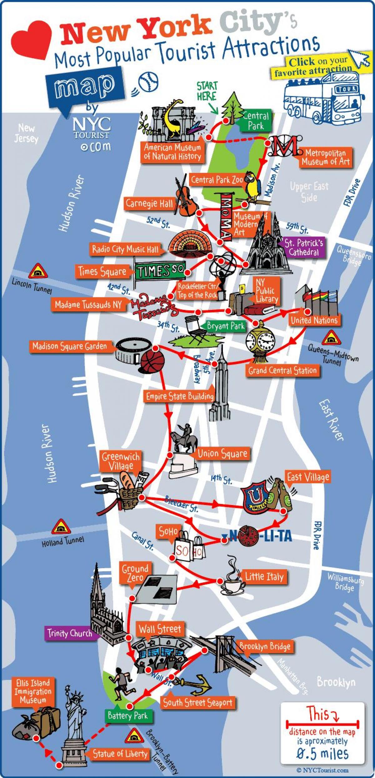 แผนที่ของแมนฮัตตันนิวยอร์ค attractions