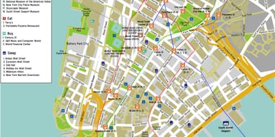 แผนที่ด้านล่างของแมนฮัตตันกับชื่อถนน