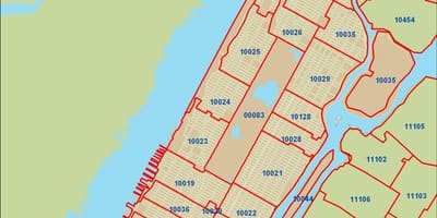 NYC รหัสไปรษณีย์บนแผนที่แมนฮัตตัน
